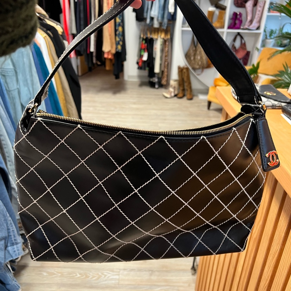 Chanel black leather bag with stitching
